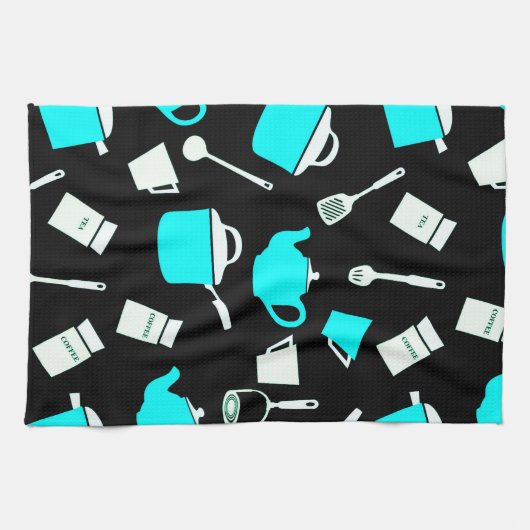 Kitchen Cookware | Zwart wit en Turquoise Theedoek (Horizontaal)