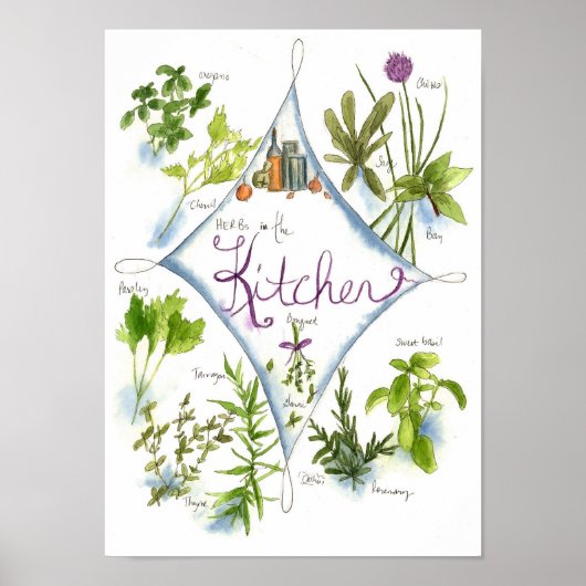 Kitchen Herb Garden Waterverf Basil Poster (Voorkant)