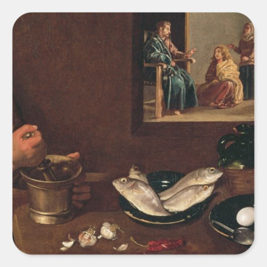 Kitchen Scene met Christus Vierkante Sticker (Voorkant)