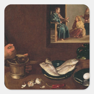 Kitchen Scene met Christus Vierkante Sticker