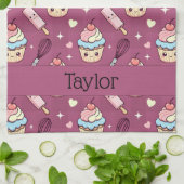 Kitchen Tea Towel Kawaii Pink Purple Cupcake  Theedoek (Gevouwen)