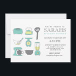 Kitchen Tea Vrijgezellenfeest Party nodigt uit Kaart<br><div class="desc">Oorspronkelijk vectorontwerp van handgetekende (met pen en tablet) keukengerei,  accessoires en toestellen van Pip Gerard {Pip Hooray}. Hier is een moderne,  hedendaagse,  casual maar funky aqua/turquoise keukenthee/vrijgezellenfeest-uitnodiging.</div>