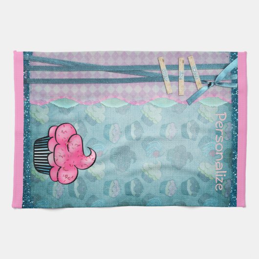 Kitchen Towel Cute Pink Cupcake Aangepast Theedoek (Horizontaal)