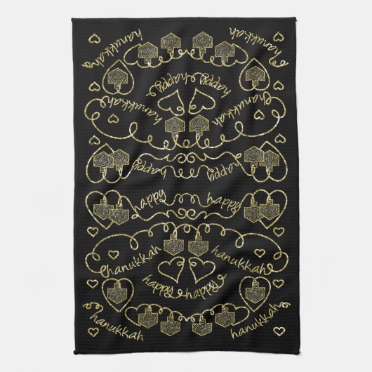 Kitchen Towel "Hanukkah Gold Hearts/Dreidels" Theedoek (Verticaal)