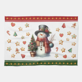 Kitchen Towel Snowman and Christmas Cookies Red Theedoek