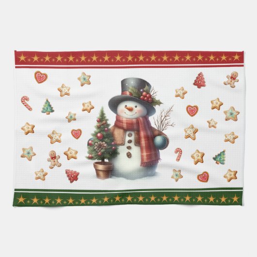 Kitchen Towel Snowman and Christmas Cookies Red Theedoek (Horizontaal)