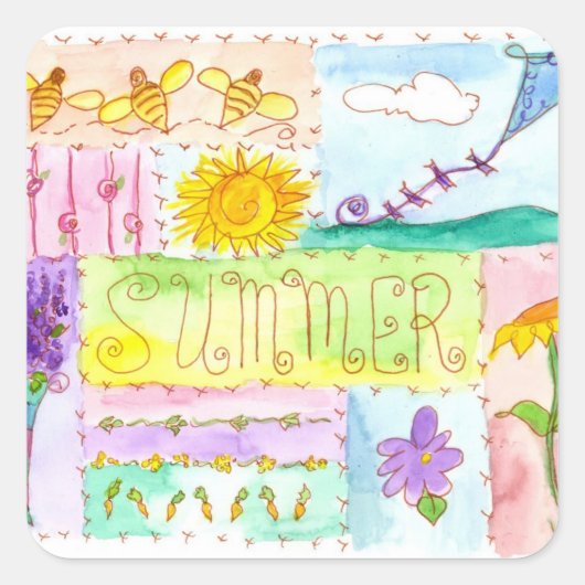 Kite Flowers Bijen Waterverf Zomer Vierkante Sticker (Voorkant)