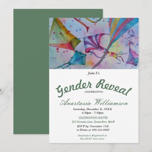 KITE FLYING BABY GENDER REVEAL ARTITY INVITATION KAART (Voorkant / Achterkant)