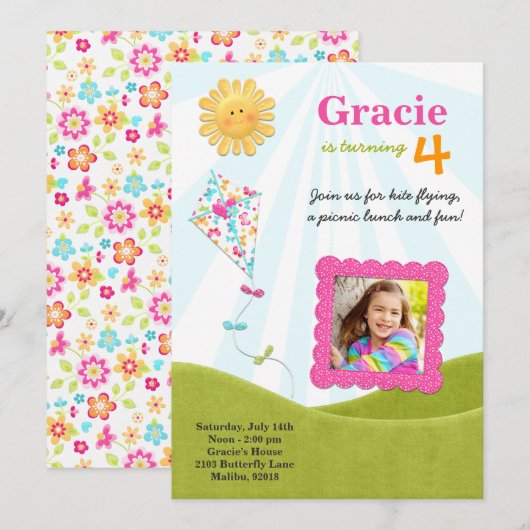 Kite Picnic Birthday Party Invitation Kaart (Voorkant / Achterkant)