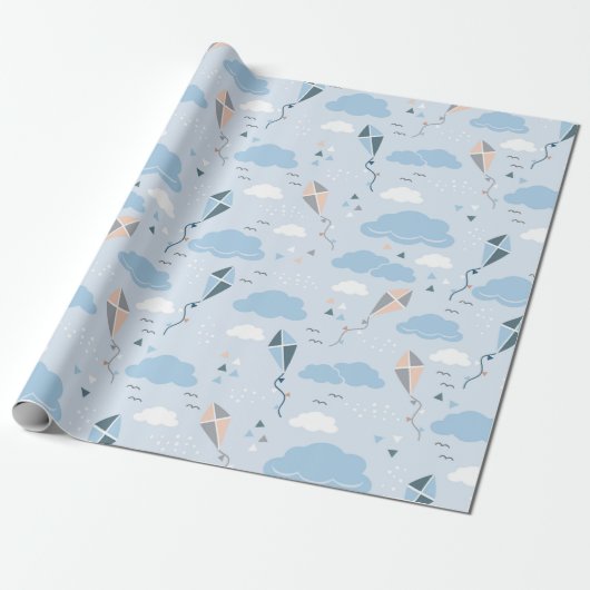 Kite Wrapping Paper - Speelse vliegers en wolken Cadeaupapier (Uitgerold)