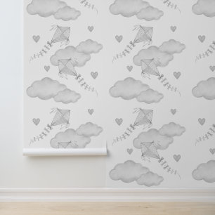 Kites Clouds Hearts Neutral Grey Baby Nursery Behang