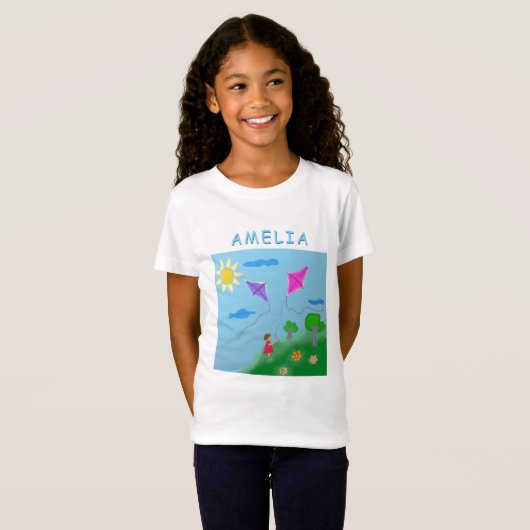 Kites Grass Bloemenmeisje Zonnetekening T-shirt (Voorkant volledig)