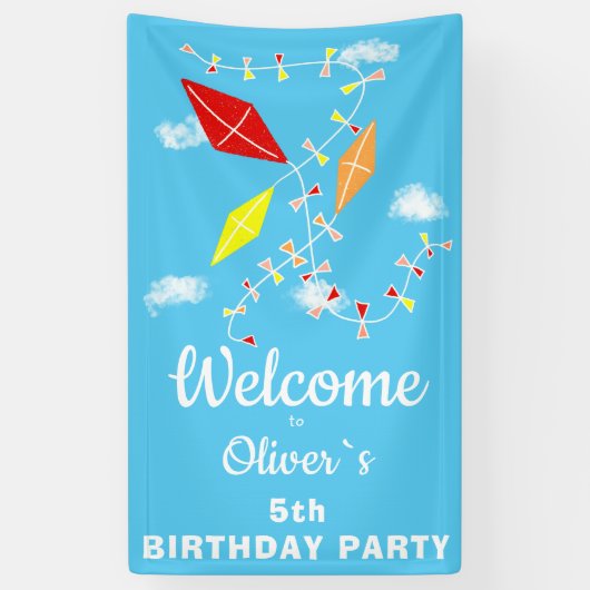 Kites in Sky Blue Kids Birthday Party Welcome Spandoek (Verticaal)