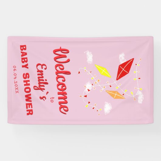 Kites in Sky Pink Girl Baby shower Party Spandoek (Horizontaal)