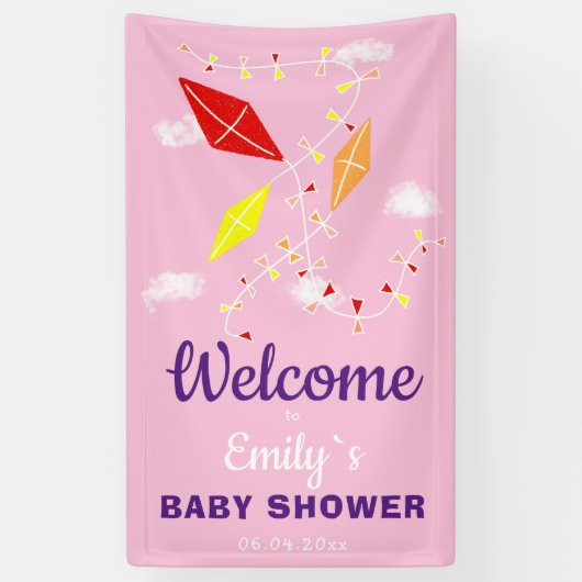 Kites in Sky Pink Girl Baby shower Party Spandoek (Verticaal)