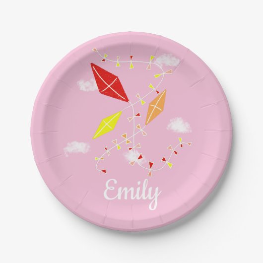 Kites in Sky Pink Girl Happy Birthday Party Papieren Bordje (Voorkant)