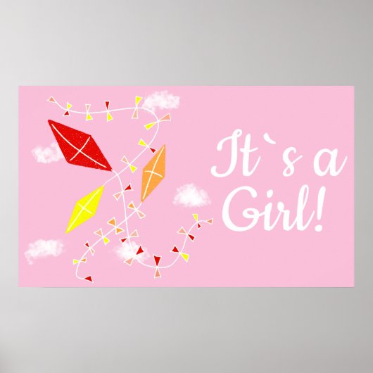 Kites in Sky Pink Het is een meisje Baby shower Poster (Voorkant)
