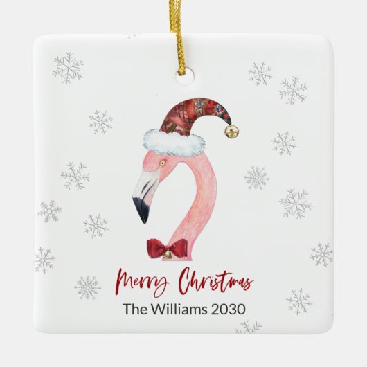 Kitsch Flamingo Plaid Santa Hat Kerstmis Keramisch Ornament (Voorkant)
