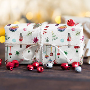 Kitsch Kerstmis   Retro Ornamenten & Boom Patroon Cadeaupapier