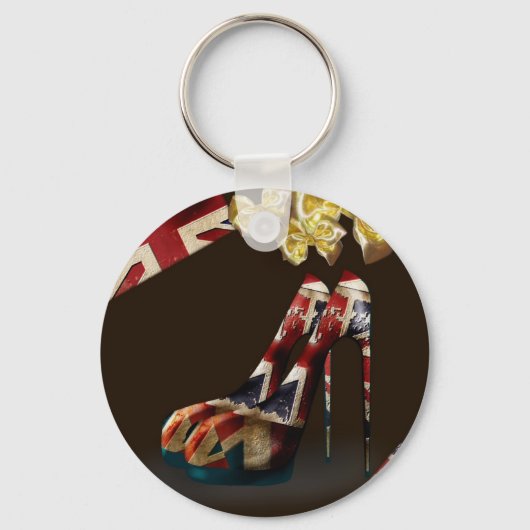 Kitsch Union Jack Stiletto Shoes and gold bow gift Sleutelhanger (Voorkant)
