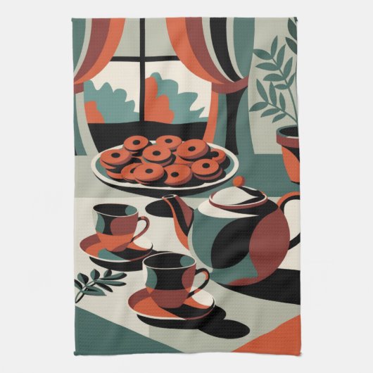 Kitschen stijl 50's abstracte thee en koekjes theedoek (Verticaal)