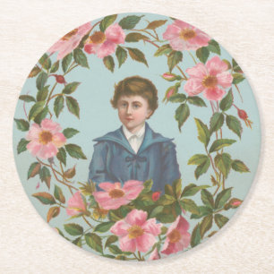 Kitscherige antieke Duitse Valentijnskaart, 1884 Ronde Kartonnen Onderzetter