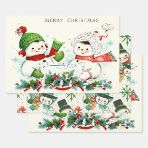 Kitscherige Retro Sneeuwmannen Inpakpapier Vel