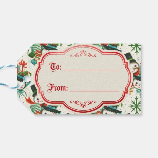Kitschy Retro Snowmen Cadeaulabel (Achterkant Horizontaal)