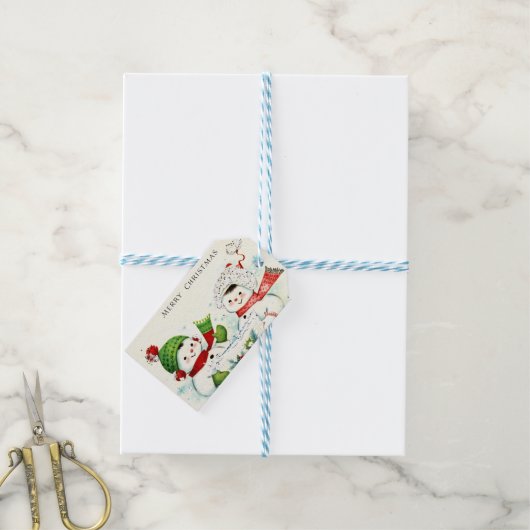 Kitschy Retro Snowmen Cadeaulabel (Met Touw)