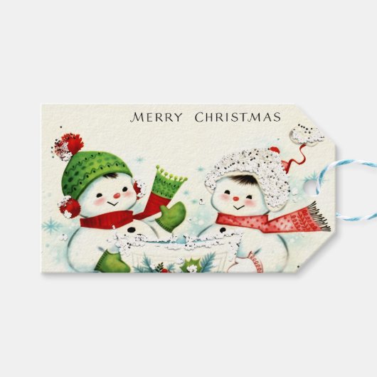 Kitschy Retro Snowmen Cadeaulabel (Voorkant (Horizontaal))