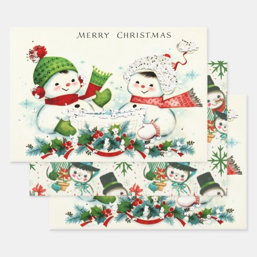 Kitschy Retro Snowmen Inpakpapier Vel (Set)