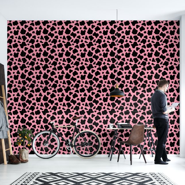 Kitschy Zwart Roze Koe Print Behang (Woonkamer)