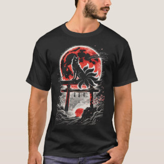 Kitsune bij de Torii In Rode Maan - Japanse Kunst T-shirt
