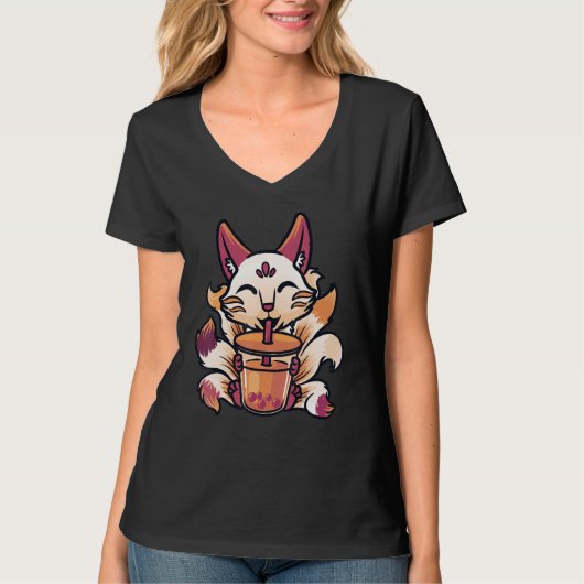 Kitsune Boba Japanese Bubble Tea Schattigee Vos T-shirt (Voorkant)