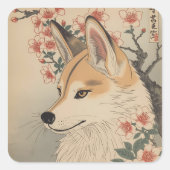 Kitsune & cherry blossom vierkante sticker (Voorkant)