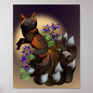 Kitsune en Columbine Flowers Poster