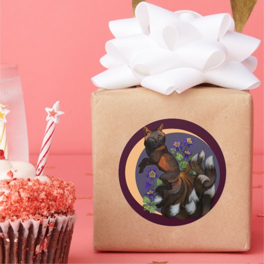 Kitsune en Columbine Flowers Ronde Sticker (Feest)