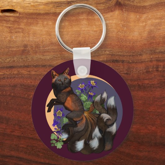 Kitsune en Columbine Flowers Sleutelhanger (Voorkant)