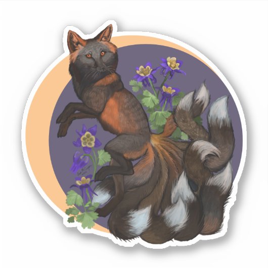 Kitsune en Columbine Flowers Sticker (Voorkant)