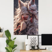 Kitsune Fox Mask Samurai Girl Japans Poster (Thuiskantoor)