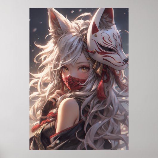 Kitsune Fox Mask Samurai Girl Japans Poster (Voorkant)