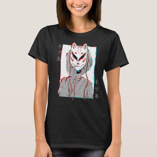 Kitsune Fox Mask Vaporwave Glitch Japan Style T-shirt (Voorkant)