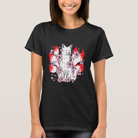 Kitsune fox with japanese kitsune and cherry bloss t-shirt (Voorkant)