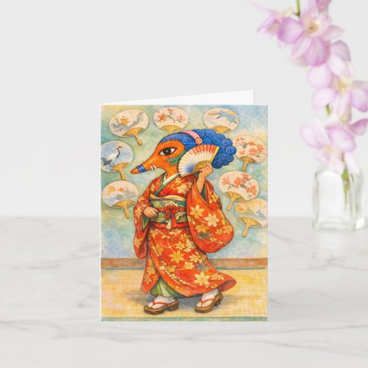 Kitsune in Kimono met waaier  Kaart (Orchidee)