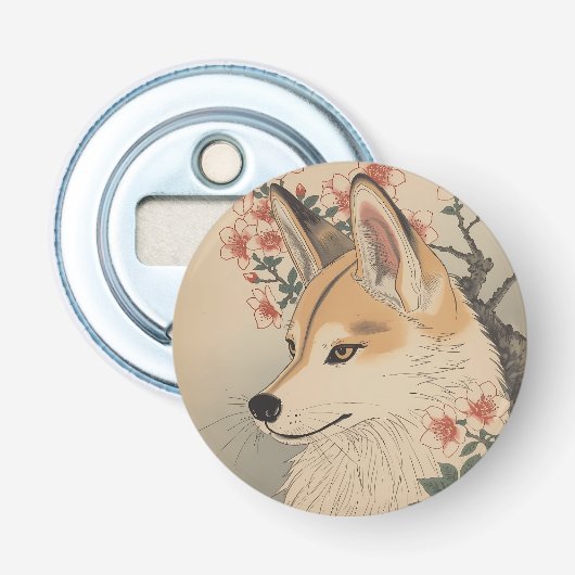 Kitsune & kersenbloesem button flesopener (Voorkant)