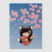 Kitsune Kokeshi Doll Black Fox Geisha Blue Insert Vellum Uitnodigingen (Voorkant)