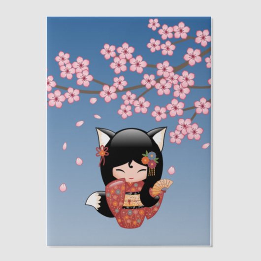 Kitsune Kokeshi Doll Black Fox Geisha Blue Insert Vellum Uitnodigingen (Voorkant)