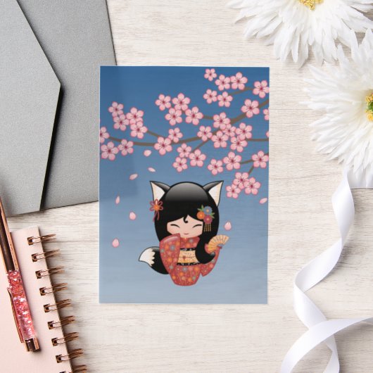 Kitsune Kokeshi Doll Black Fox Geisha Blue Insert Vellum Uitnodigingen (Huwelijk)