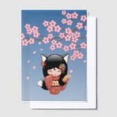 Kitsune Kokeshi Doll Black Fox Geisha Blue Insert Vellum Uitnodigingen (Offset)