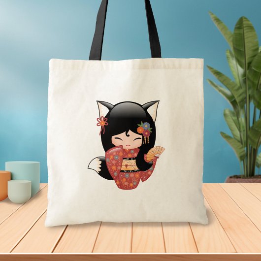 Kitsune Kokeshi Doll - Black Fox Geisha Girl 2 Tote Bag